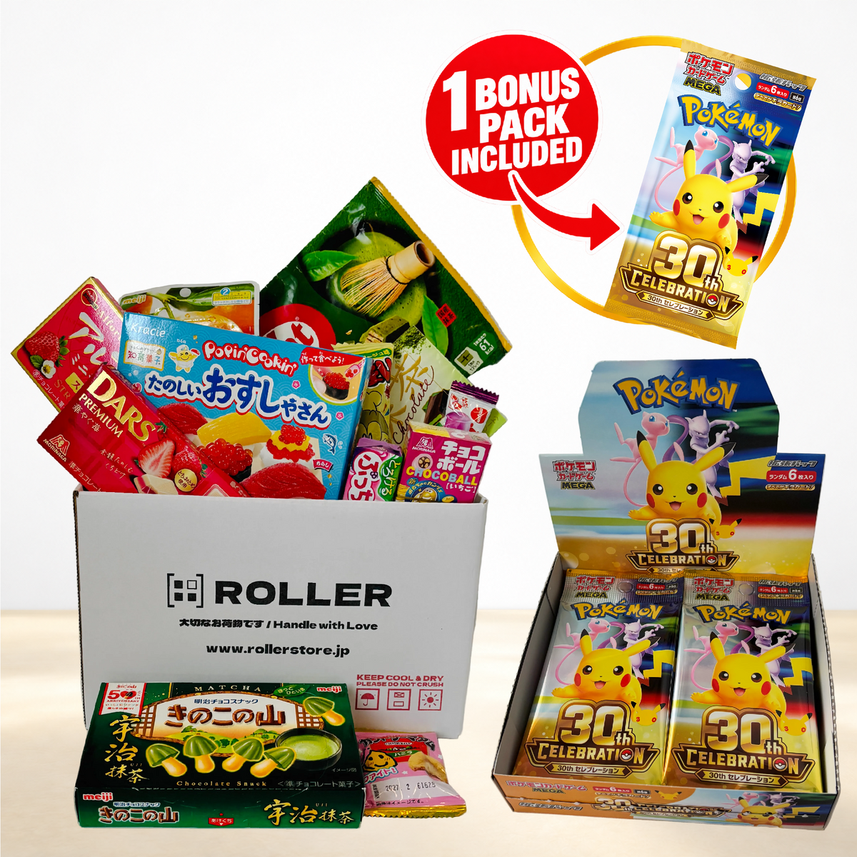 ROLLER Mystery BOX with Japanese snacks, Pokémon Card Game 30th CELEBRATION display box and 1 bonus pack included