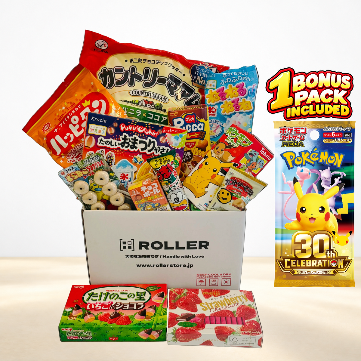 ROLLER Limited Mystery BOX with Japanese snacks and 1 Pokémon Card Game 30th CELEBRATION bonus pack