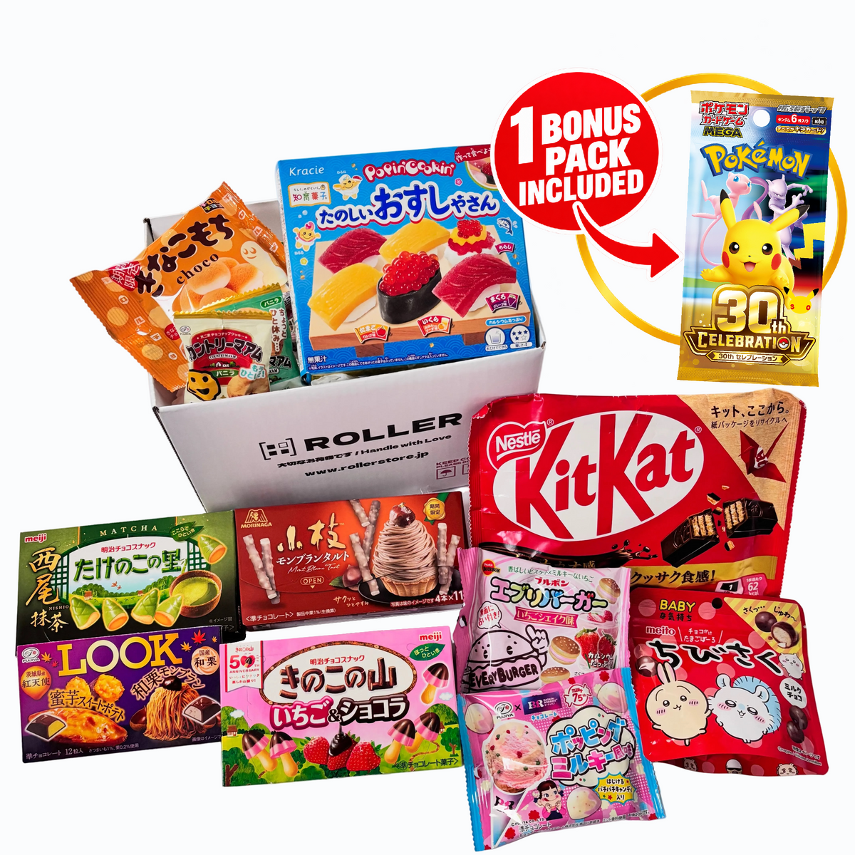 Example ROLLER Mystery BOX snack selection with 1 Japanese Pokémon Card Game 30th CELEBRATION bonus pack
