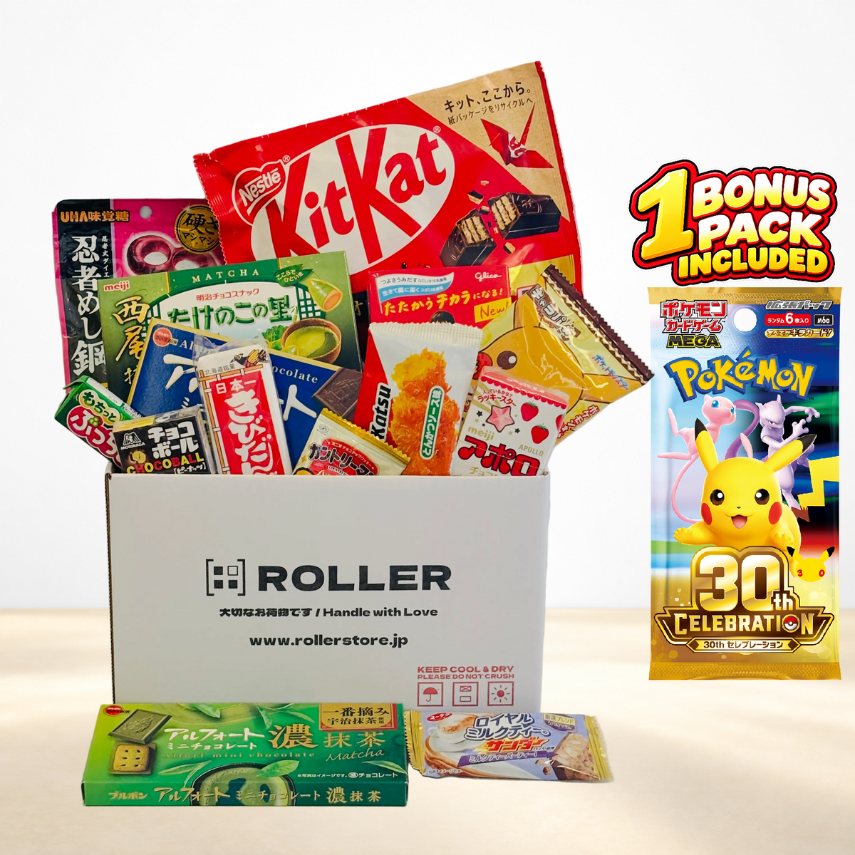 ROLLER Limited Mystery BOX with Japanese snacks and 1 Pokémon Card Game 30th CELEBRATION bonus pack