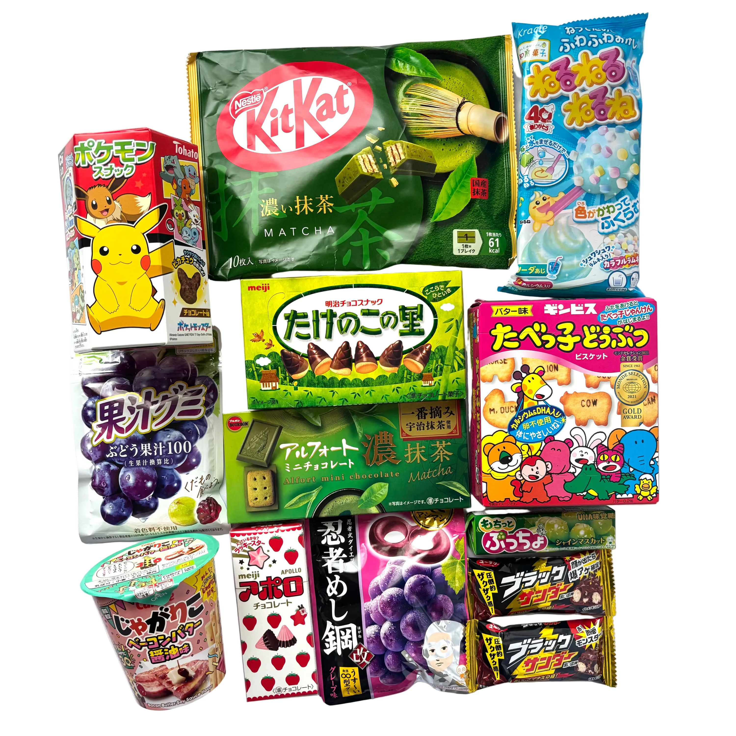 ROLLER Mystery BOX - Japanese snack assortment featuring KitKat Matcha, Pokemon snacks, Takenoko no Sato, and more