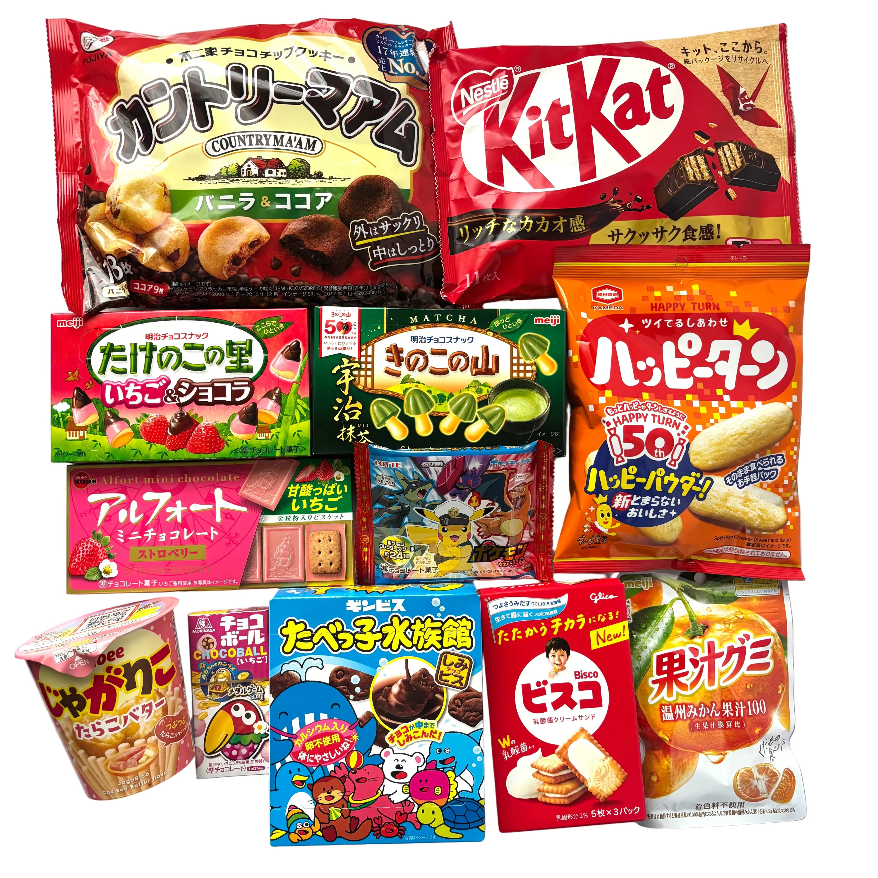ROLLER Mystery BOX - Japanese snack assortment featuring Country Ma'am, KitKat, Happy Turn, Kinoko no Yama Matcha, and more