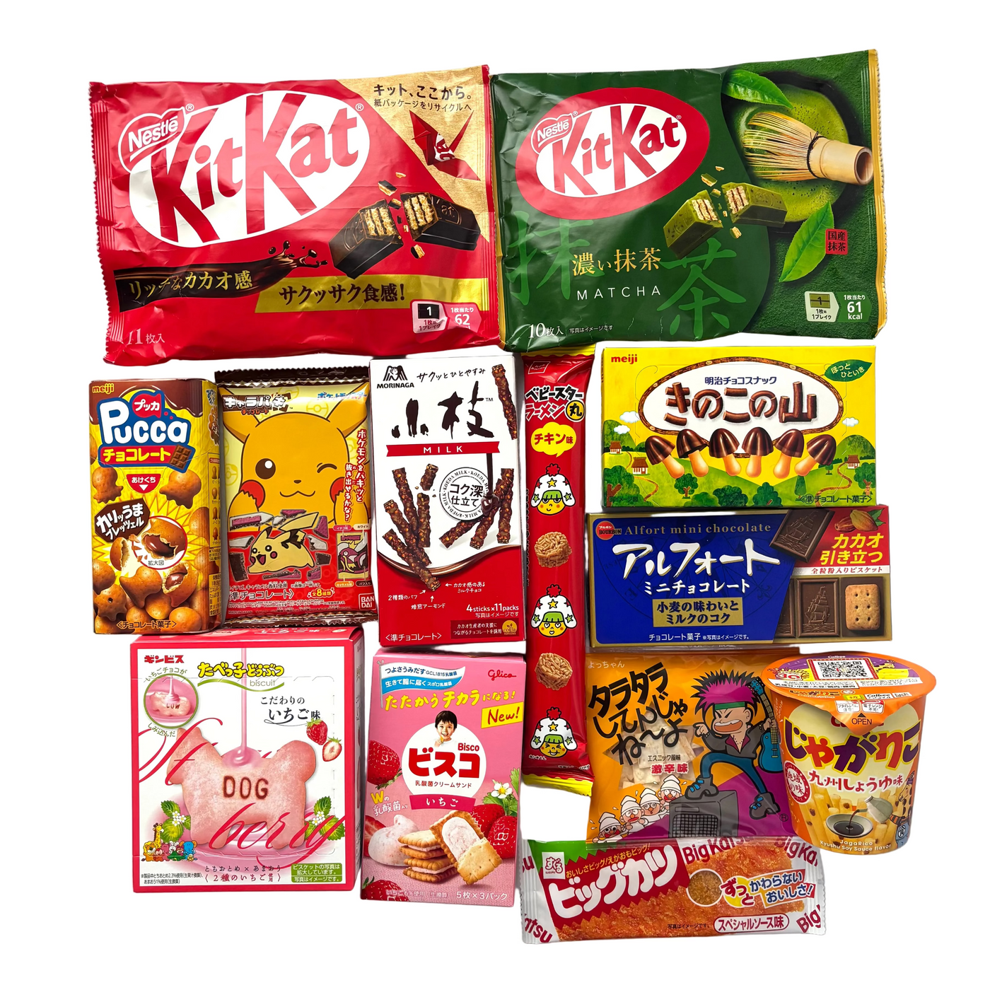 ROLLER Mystery BOX - Japanese snack assortment featuring KitKat, Kinoko no Yama, Alfort, Big Katsu, Jagarico, and more