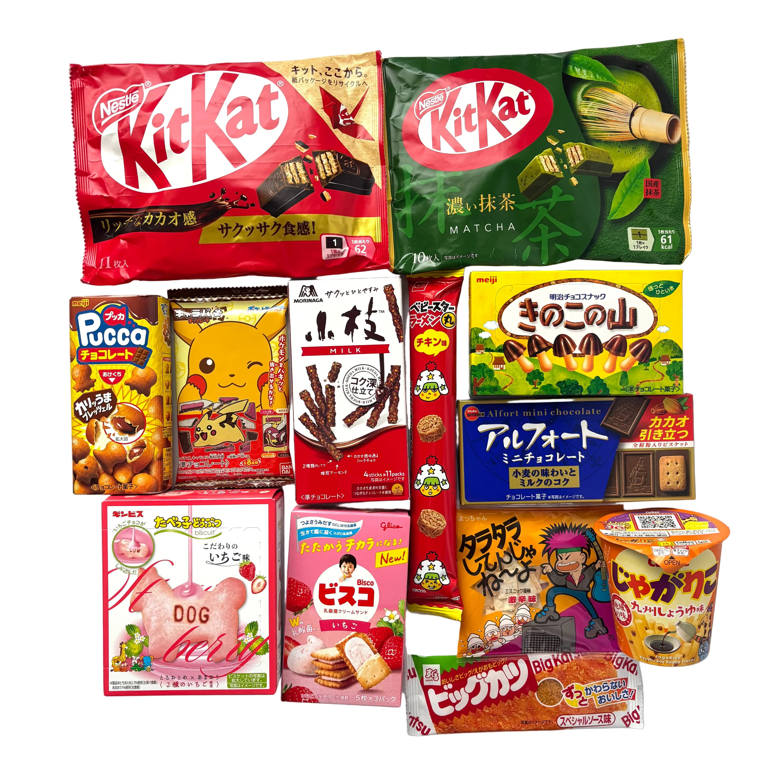 ROLLER Mystery BOX - Japanese snack assortment featuring KitKat, Kinoko no Yama, Alfort, Big Katsu, Jagarico, and more